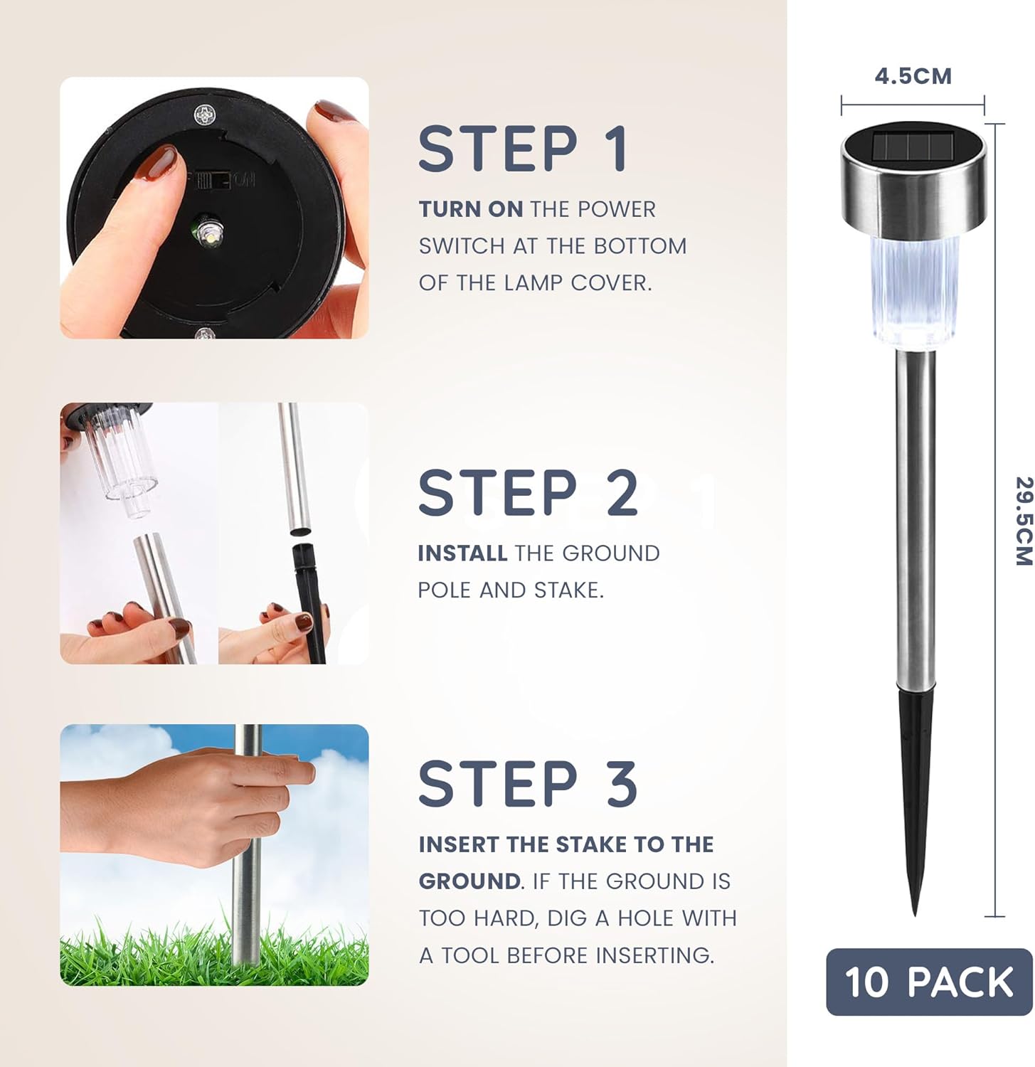(White) Solar Garden Stake Lights 10 LED Waterproof Stainless Steel Pathway Lights Rechargeable Outdoor Solar Light for Garden Patios Walkways 