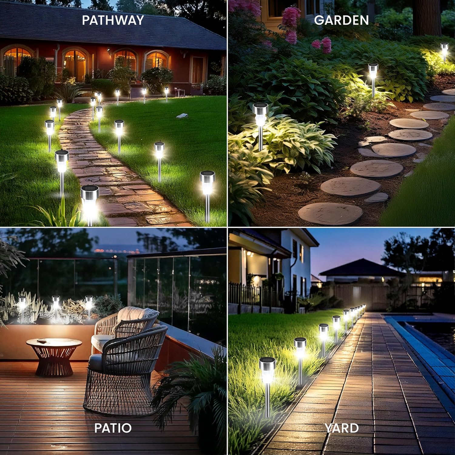 (White) Solar Garden Stake Lights 10 LED Waterproof Stainless Steel Pathway Lights Rechargeable Outdoor Solar Light for Garden Patios Walkways 