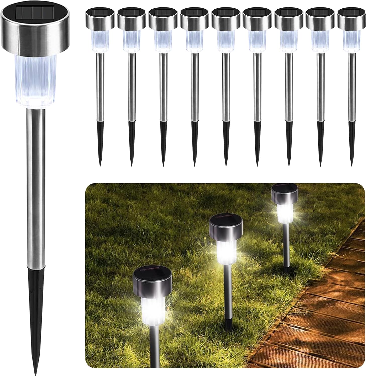 (White) Solar Garden Stake Lights 10 LED Waterproof Stainless Steel Pathway Lights Rechargeable Outdoor Solar Light for Garden Patios Walkways 