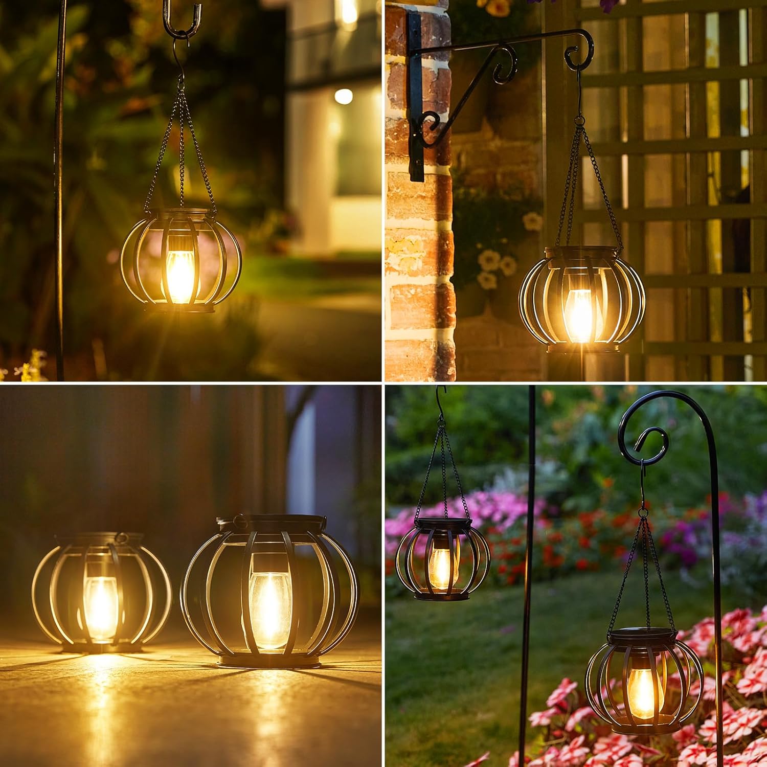 (Columnar) Solar Lights Outdoor Garden 2 Pack Metal Solar Lanterns Outdoor with Chain and Hook Hanging Garden Lights with Auto On Off Waterproof Garden Ornaments for Yard 