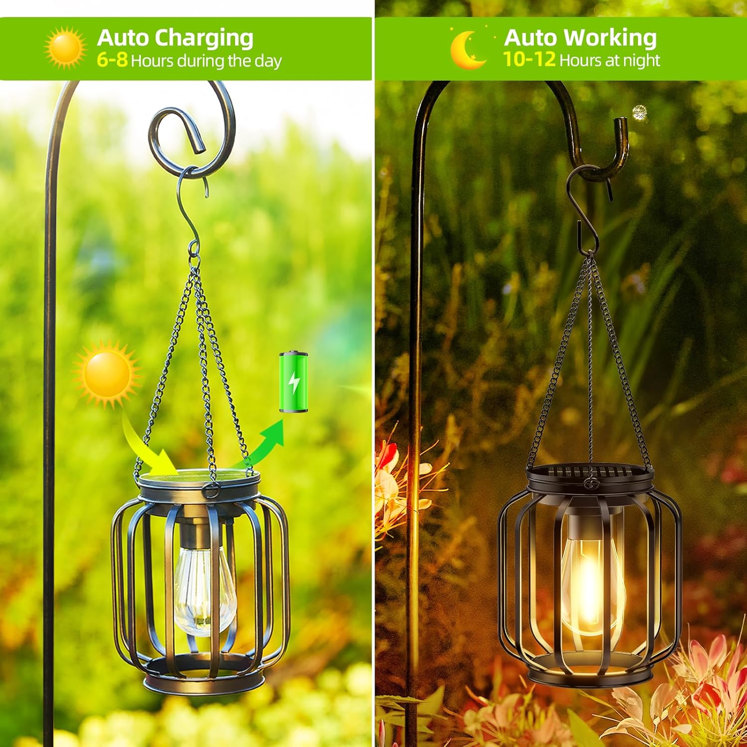 (Columnar) Solar Lights Outdoor Garden 2 Pack Metal Solar Lanterns Outdoor with Chain and Hook Hanging Garden Lights with Auto On Off Waterproof Garden Ornaments for Yard 