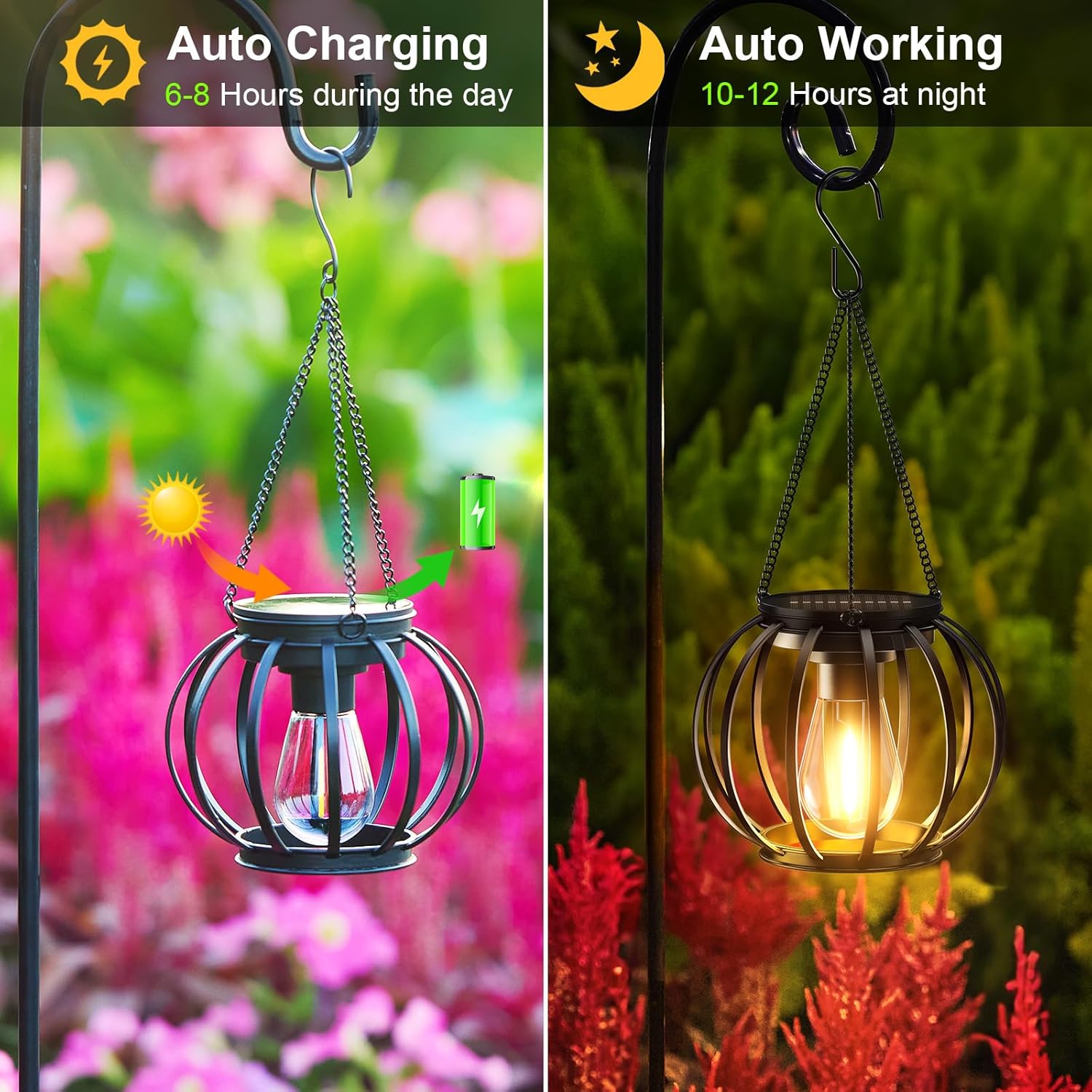 (Columnar) Solar Lights Outdoor Garden 2 Pack Metal Solar Lanterns Outdoor with Chain and Hook Hanging Garden Lights with Auto On Off Waterproof Garden Ornaments for Yard 