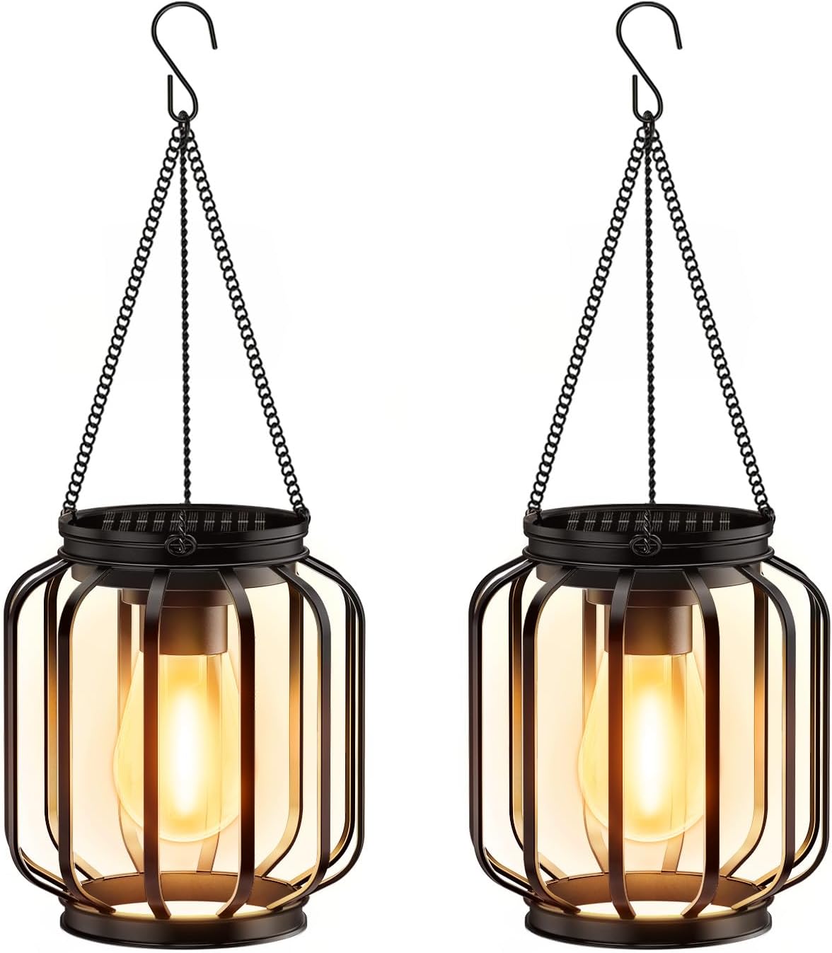 (Columnar) Solar Lights Outdoor Garden 2 Pack Metal Solar Lanterns Outdoor with Chain and Hook Hanging Garden Lights with Auto On Off Waterproof Garden Ornaments for Yard 