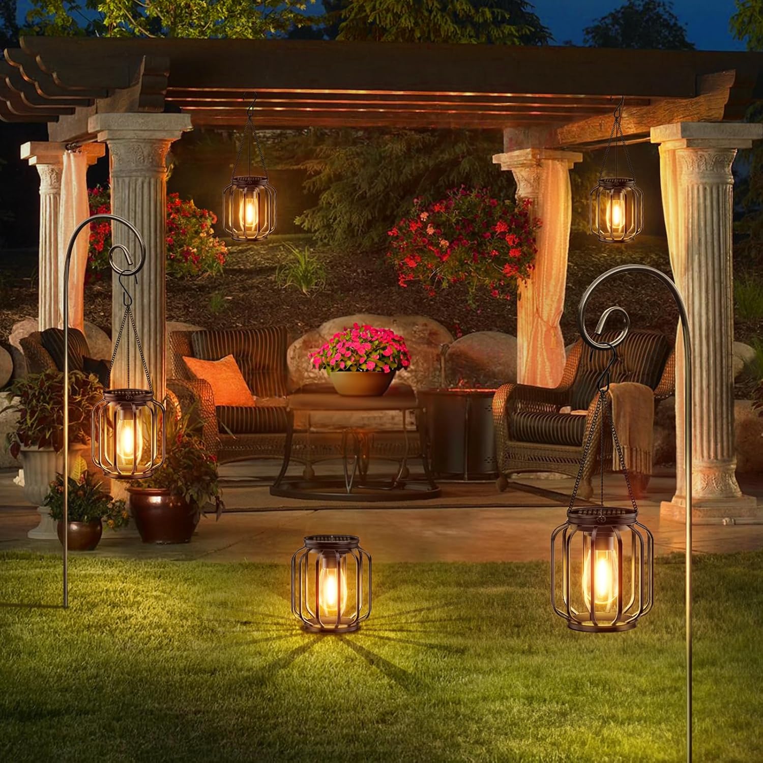 (Columnar) Solar Lights Outdoor Garden 2 Pack Metal Solar Lanterns Outdoor with Chain and Hook Hanging Garden Lights with Auto On Off Waterproof Garden Ornaments for Yard 