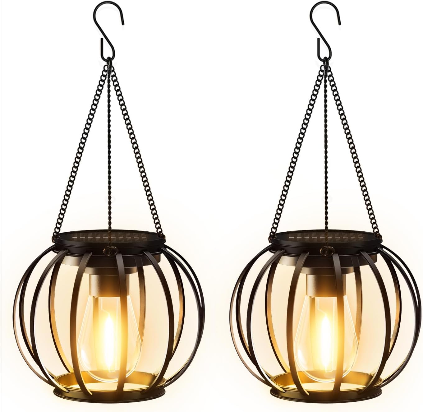 (Columnar) Solar Lights Outdoor Garden 2 Pack Metal Solar Lanterns Outdoor with Chain and Hook Hanging Garden Lights with Auto On Off Waterproof Garden Ornaments for Yard 