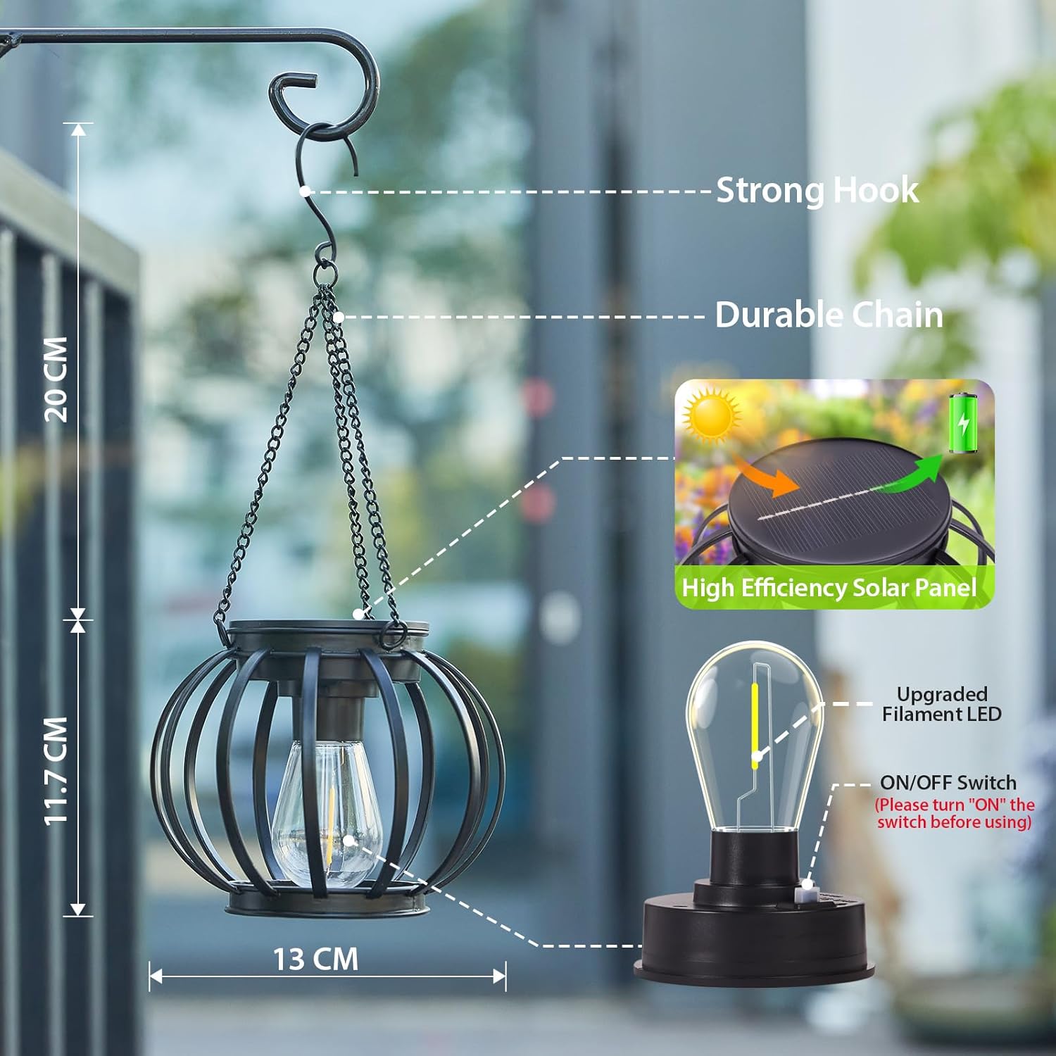 (Columnar) Solar Lights Outdoor Garden 2 Pack Metal Solar Lanterns Outdoor with Chain and Hook Hanging Garden Lights with Auto On Off Waterproof Garden Ornaments for Yard 