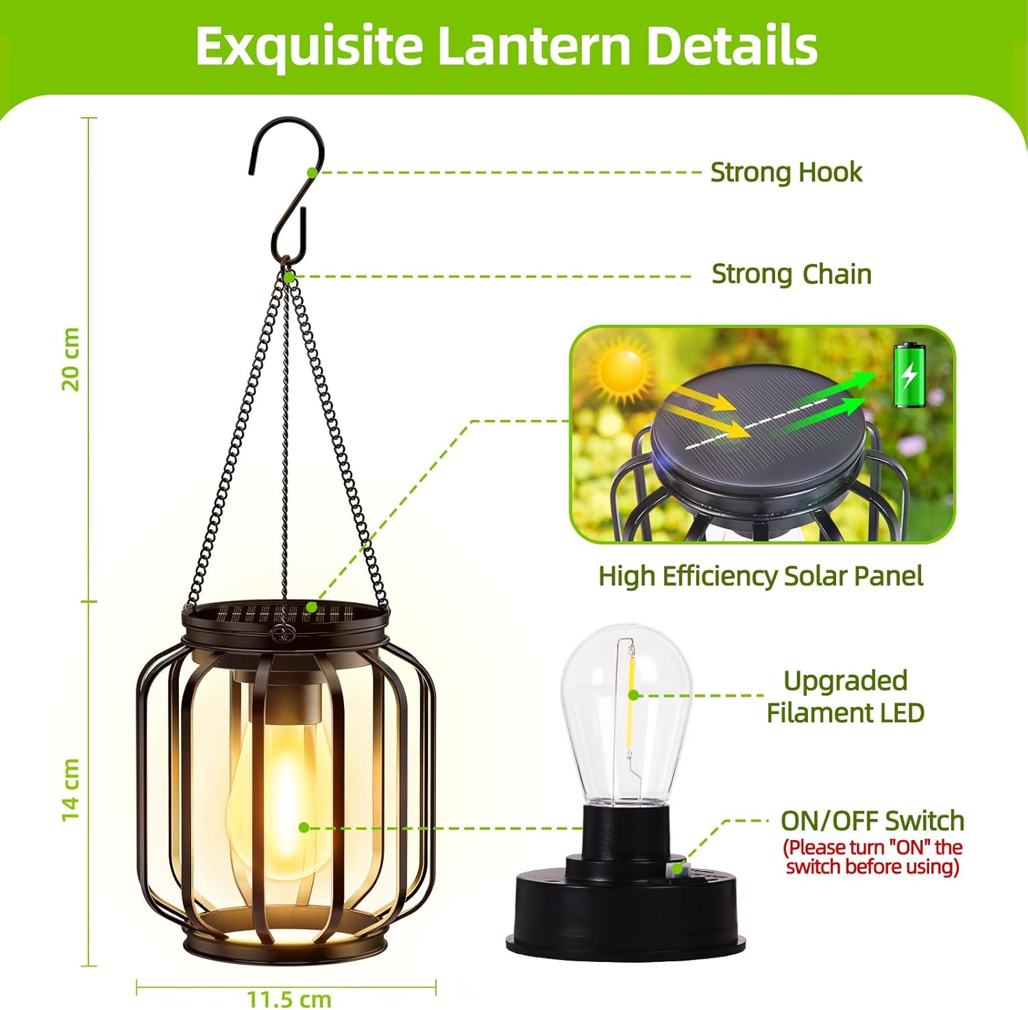 (Columnar) Solar Lights Outdoor Garden 2 Pack Metal Solar Lanterns Outdoor with Chain and Hook Hanging Garden Lights with Auto On Off Waterproof Garden Ornaments for Yard 