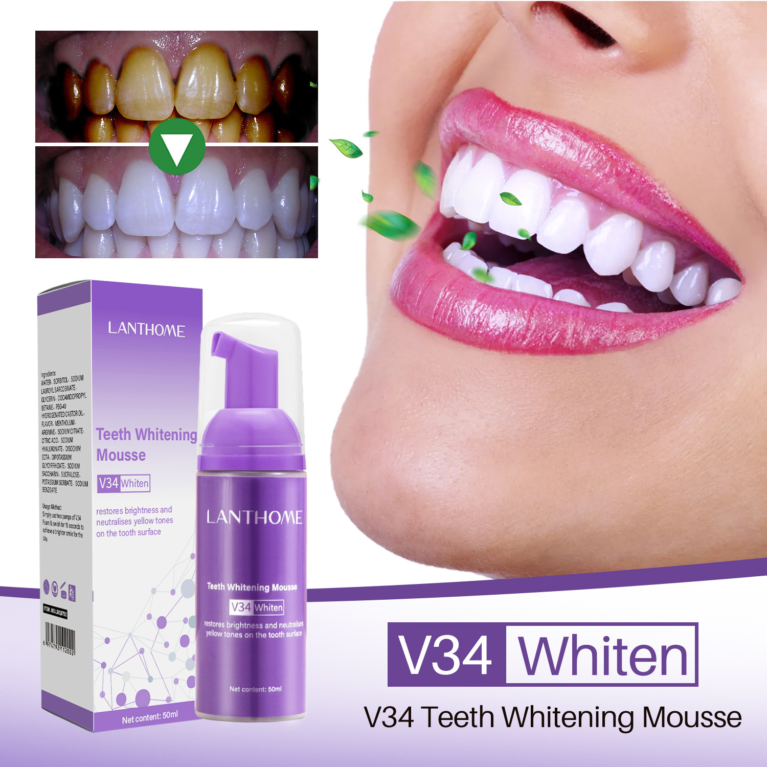 V34 Teeth Mousse For Stain Removal Whitening And Breath Freshening Daily Oral Care Foam 1pc