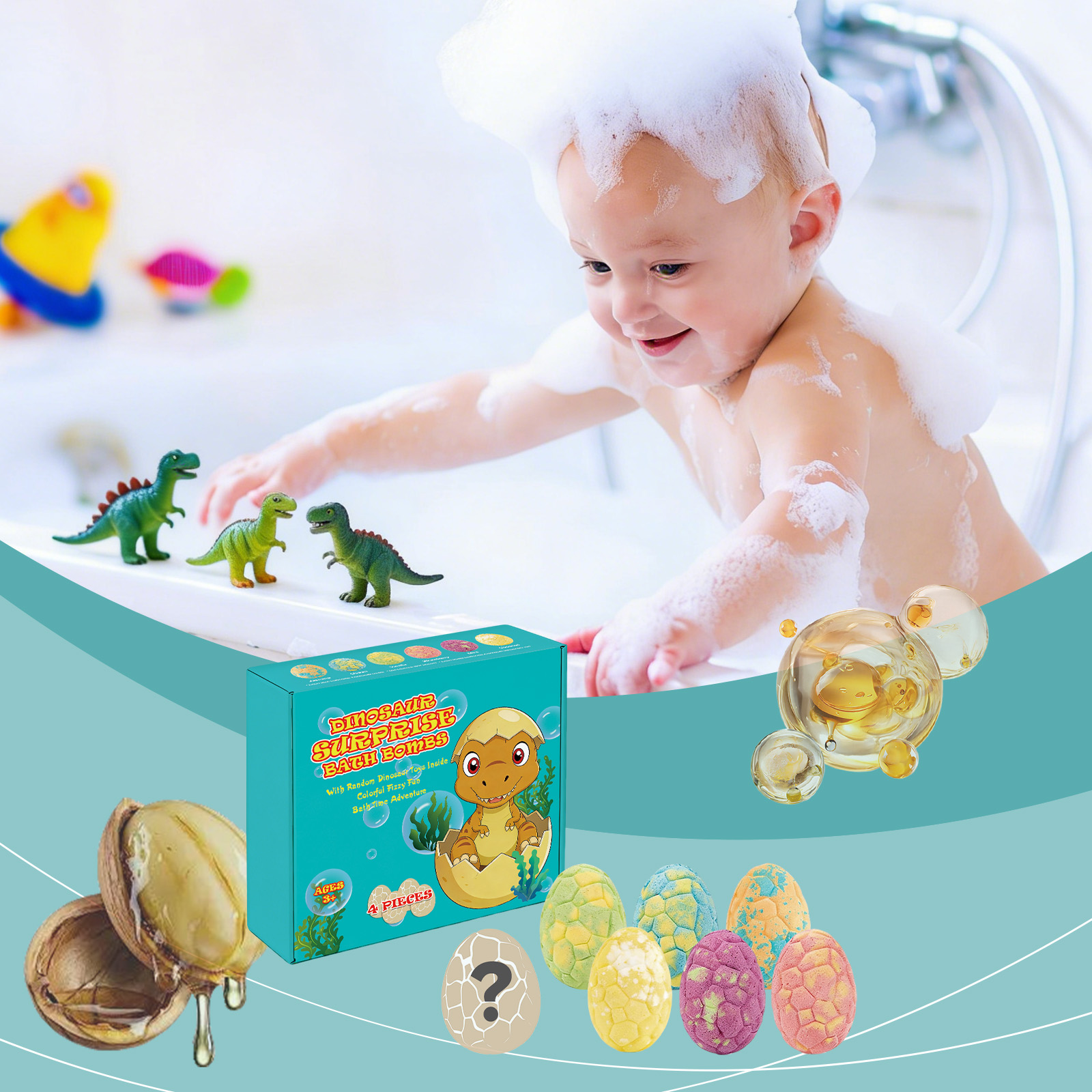Fun Dinosaur Bubble Bath Bomb Set Colorful Long Lasting Fragrance Mild Moisturizing Cleansing Body Skin