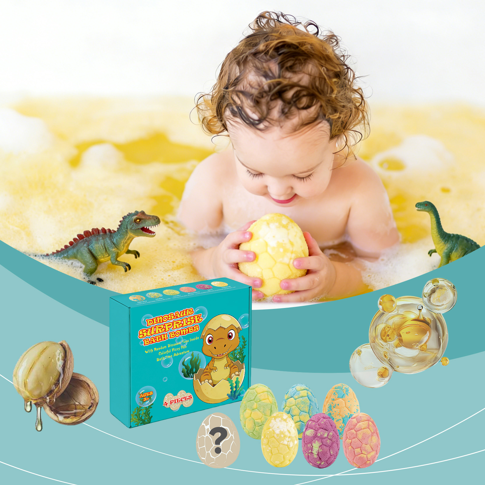 Fun Dinosaur Bubble Bath Bomb Set Colorful Long Lasting Fragrance Mild Moisturizing Cleansing Body Skin