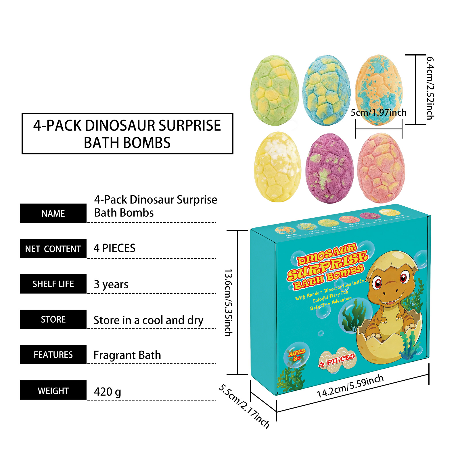 Fun Dinosaur Bubble Bath Bomb Set Colorful Long Lasting Fragrance Mild Moisturizing Cleansing Body Skin
