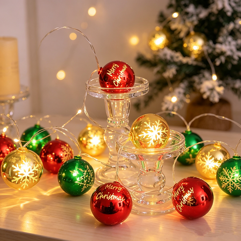 Christmas Balls String Lights Merry Christmas Printed Fairy Lights for Xmas Tree Indoor Holiday Decor 1.5m 10 LEDs Battery Operated 