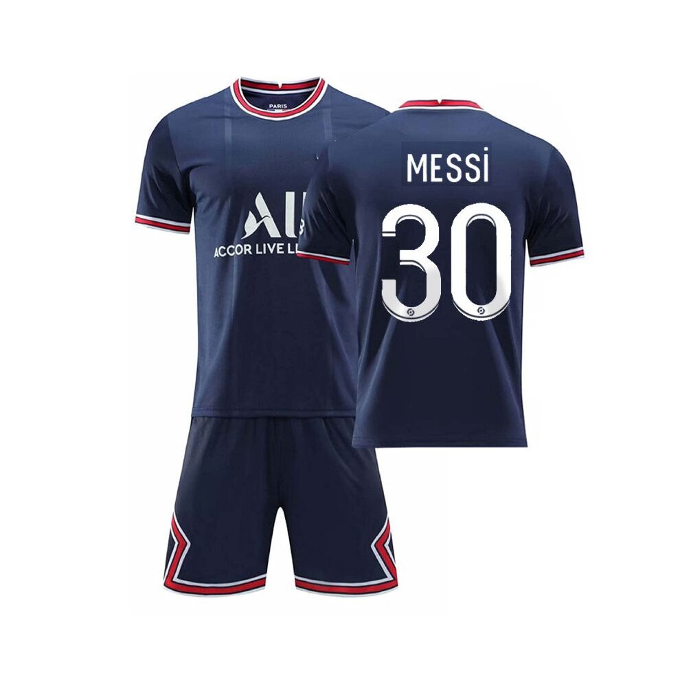 (NYMAR JR 5PCS Set Kids 12~13 Years 28) PSG Jersey Kit with Messi NYMAR JR MBAPPE Di Maria Number 30 10 7 11 Sign Men Boys Teens Home France Football Jersey Unisex Kids Adult Football Training Jersey Soccer Sports Set 2022 Paris Outdoor Football Clothing T Shirt Blue