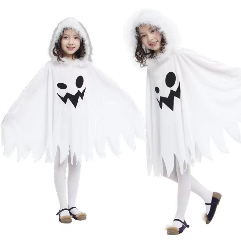 (90cm) Kids White Scary Ghost Face Cloak Costumes Halloween Carnival Fancy Dress Cosplay Role Play Dress Up Frightening Ghost Witch Costume