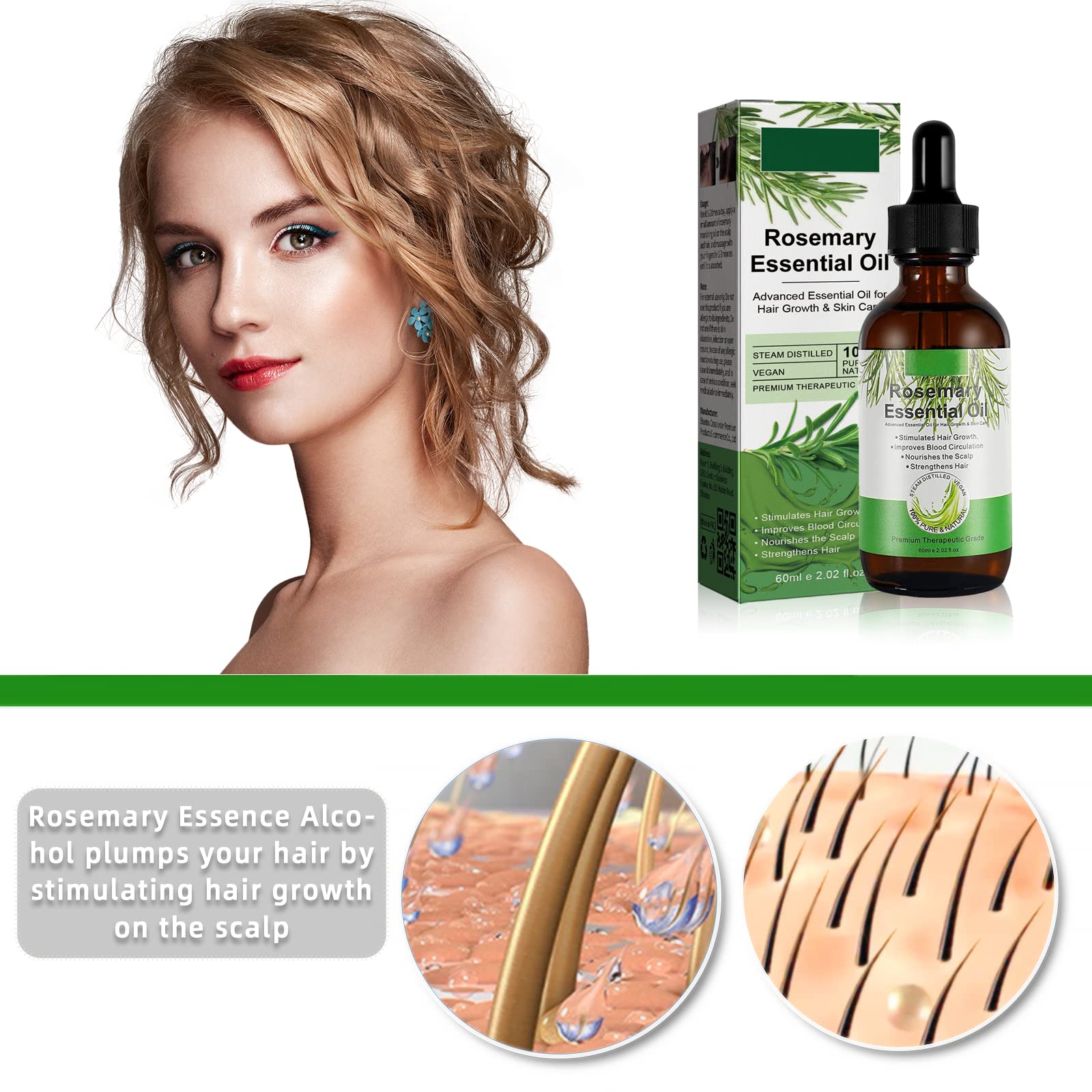 Rosemary Oil for Hair Growth 60ml Improve Hair Loss and Nourishes Scalp Natural Hair Growth Oil Promotes Hair for Men Women