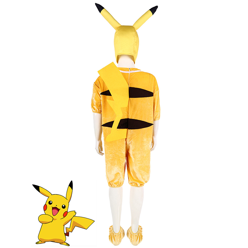 (Size 100) Pikachu Kids Costume Pokemon Dress Up  Yellow Plush Pokemon Jumpsuit Halloween Outfit for Boys Girls for Halloween Birthday Parties Cosplay