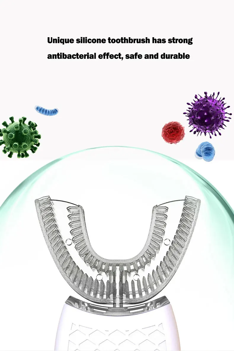 (White) U-Type Toothbrush 360 Degrees Intelligent Silicon Head Sonic Electric Toothbrush Automatic USB Charge Waterproof Toothbrush