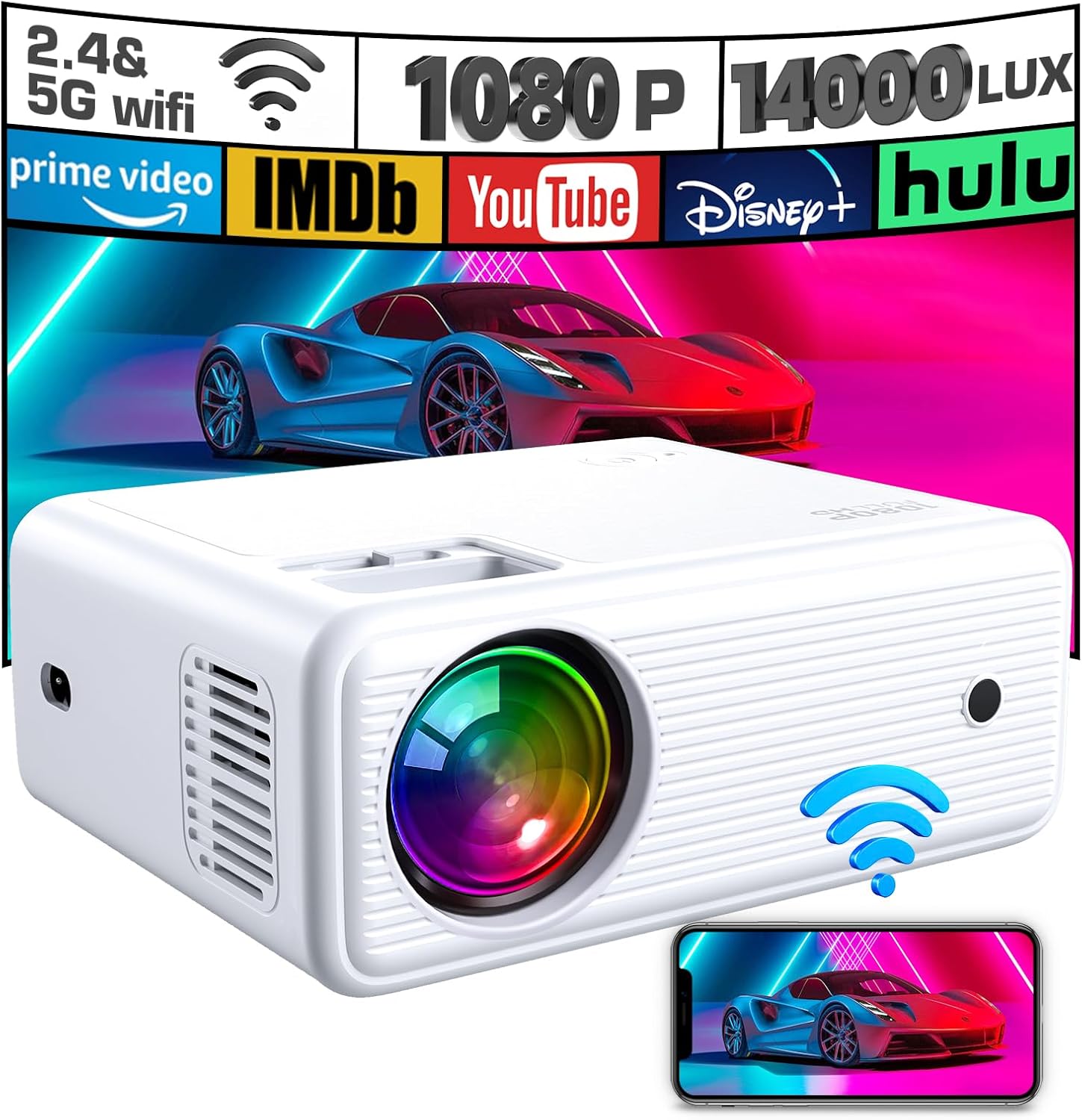 Mini Projector WiFi Projector with Projector 1080P Full HD 14000 Lux Portable Video 4K Projector Compatible with iphone TV Stick PS5 HDMI USB Multimedia Home Movie Theater Projector