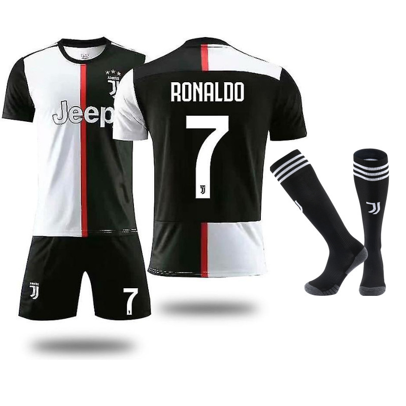 (Kids 16) Juventus Home Ronaldo No.7 Football Kits Soccer Jersey Shirt  Socks Set Juv Kids Sports Fans Training T Shirt Suit