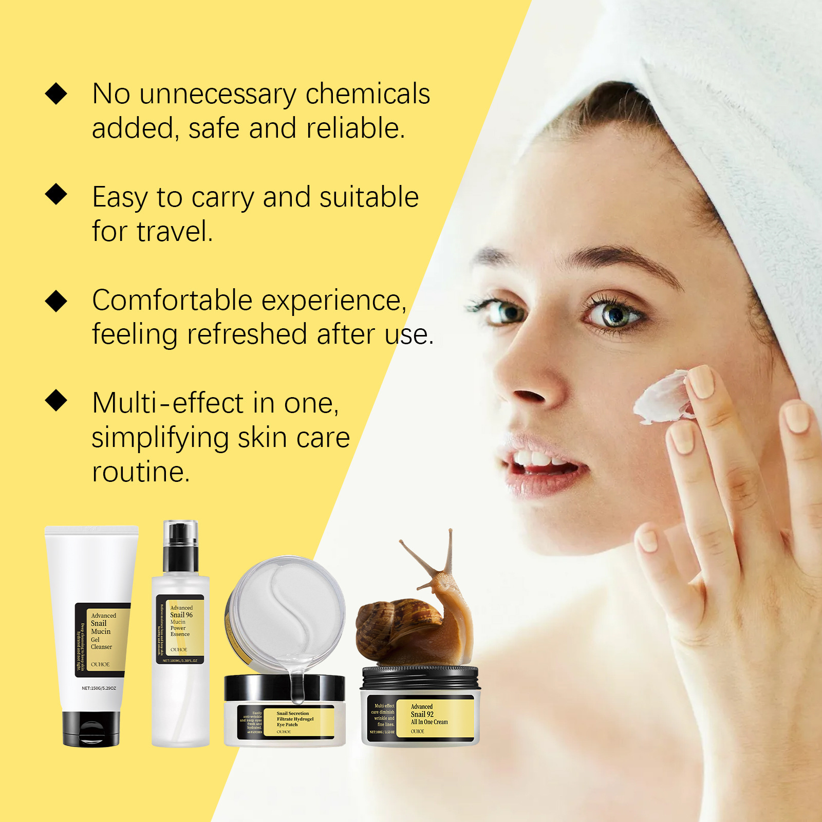 OUHOE Snail Mucin Facial Care Gift Set Nourishing Repairing Skin Moisturizing Hydrating Fade Fine Lines Tighten Firming Korean Facial Essence Set