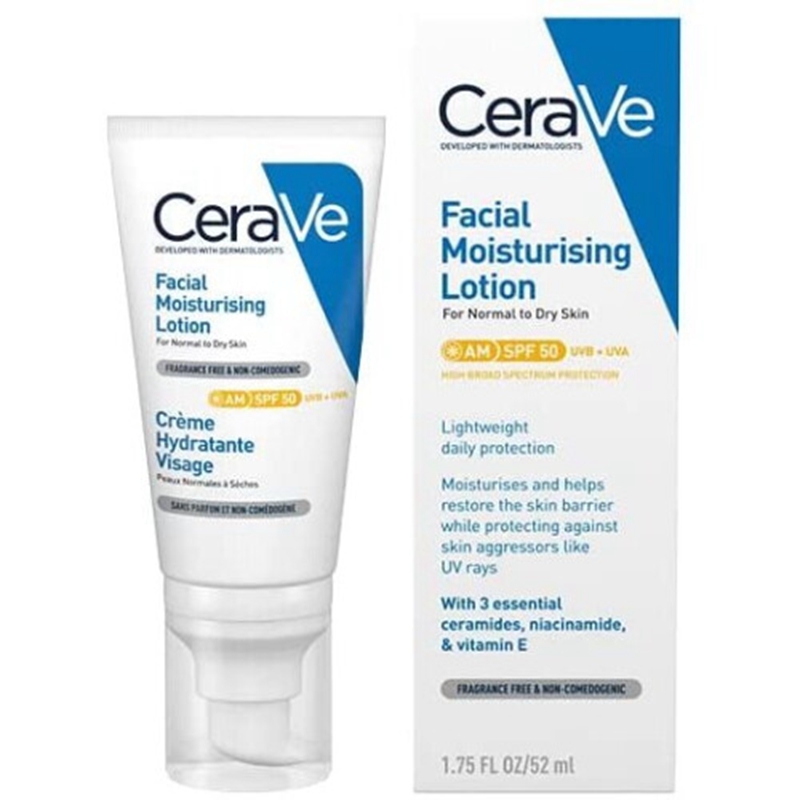CeraVe AM Facial Moisturising Lotion SPF50 with Ceramides & Vitamin E for Normal to Dry Skin 52ml