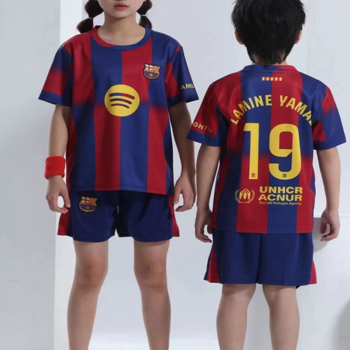 2025-2026 Barcelona Home #19 Lamine Yamal Kids Football Jersey Set
