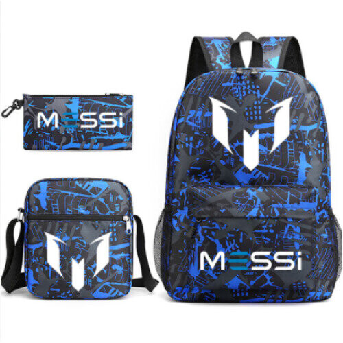 (Black A) 3pcs Sets Messi Backpack New Students Capacity School Bags