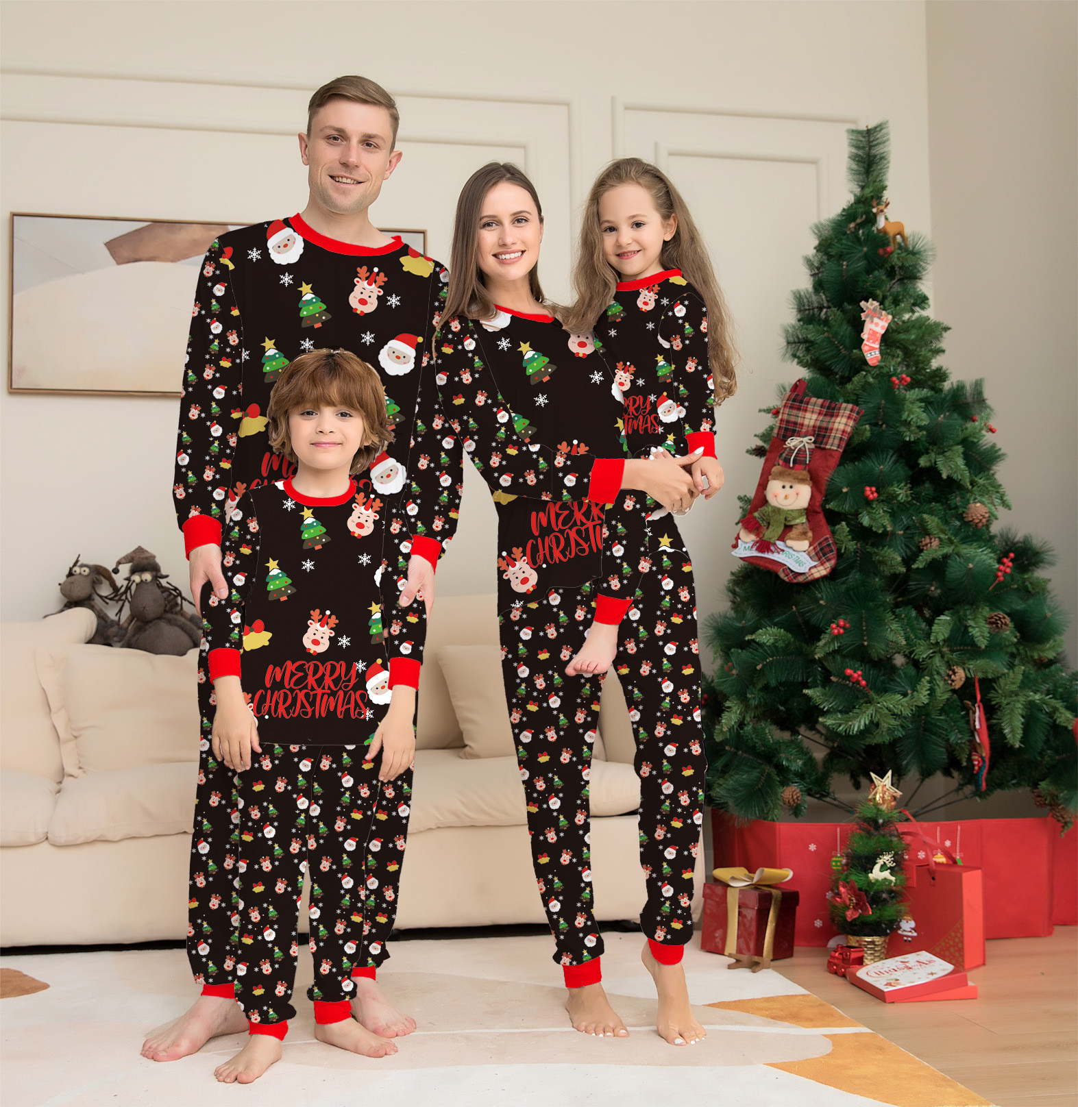 (6M Baby) Christmas Family Matching Pajamas Christmas Tree Santa Deer Print Adults Kids Family Matching Outfits Top and Pants 2PCS Xmas Sleepwear Pyjamas Baby Jumpsuit