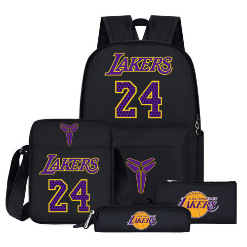 (4, 4 pcs) NBA Lakers Logo School Bag 4 Pcs School Bag Lunch Bag Pencil Case Set Childre