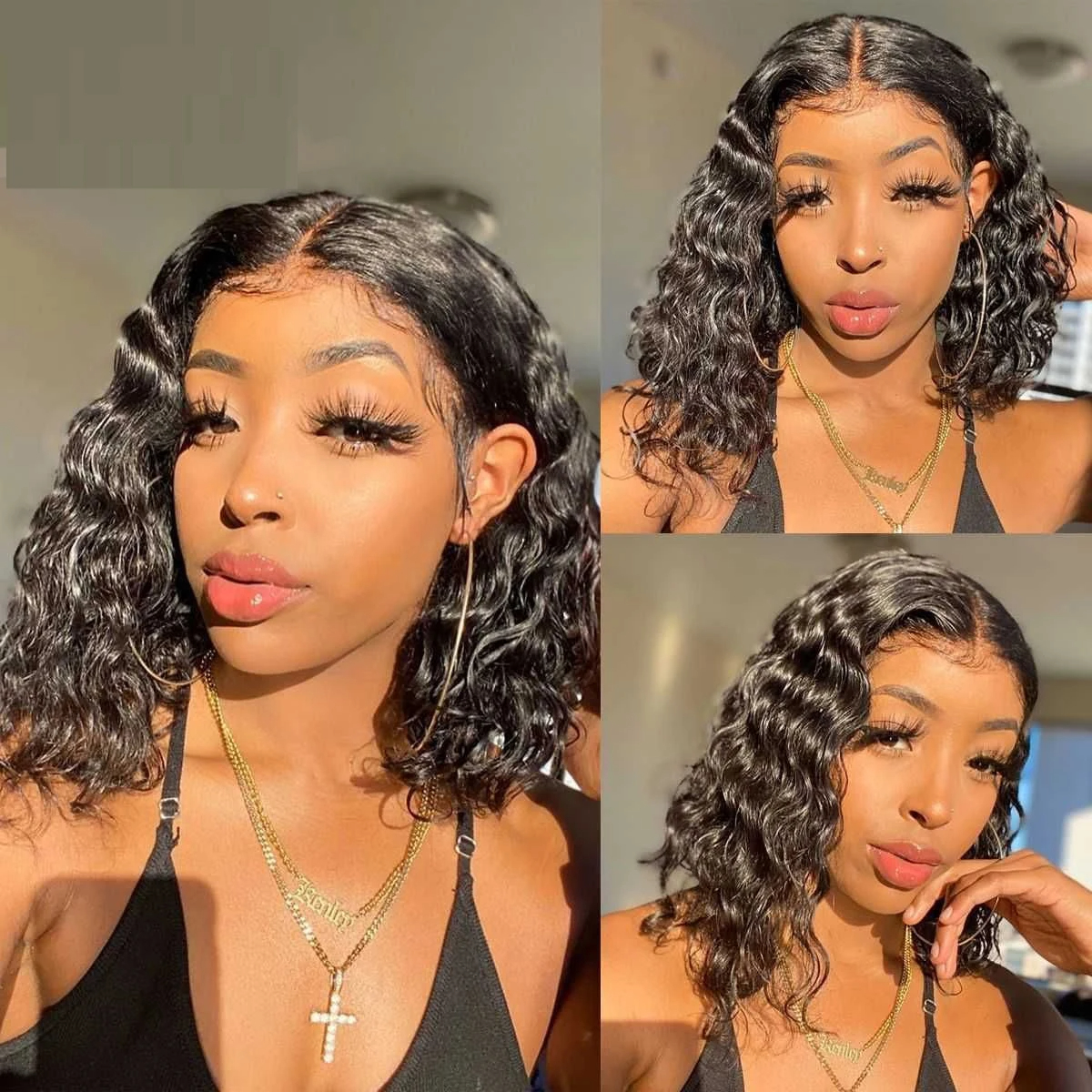 (Side Part 8inches) Bob Lace Wig Black Curly For Women Deep Water Curly Wave Human Hair Wigs 100 Percent  Remy Natural Hair Short Lace Frontal T Part Wig
