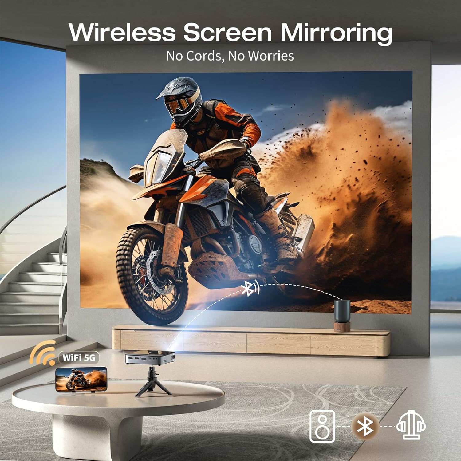 (Black) Mini Portable Projector WiFi with Bluetooth 500 ANSI DLP Projector 1080P Support Pocket Pico Movie Projector with Tripod Outdoor Video Rechargeable Battery Short Throw for iPhone Android