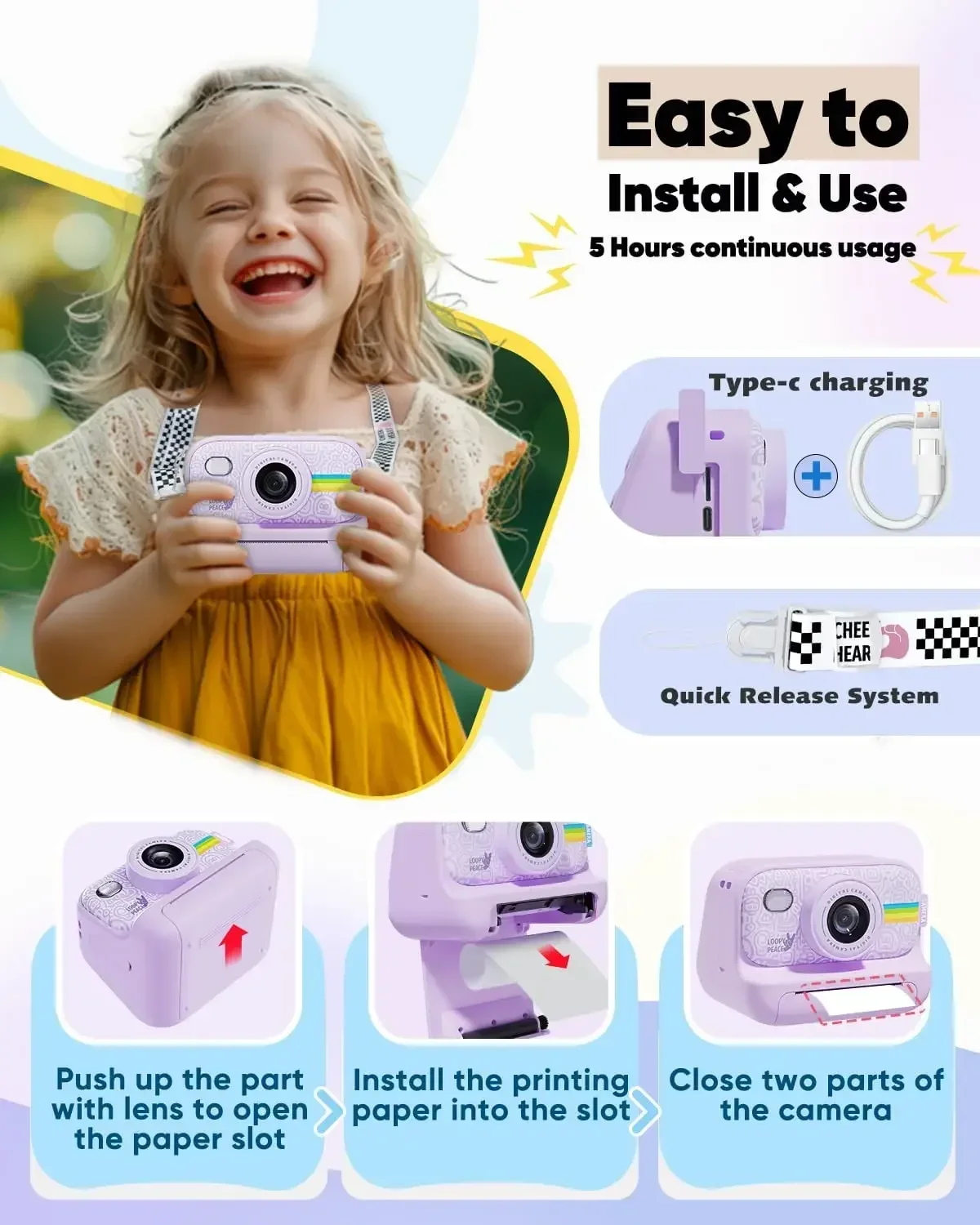 Instant Print Camera for Kids 2.0 Inch Screen Kids Instant Cameras Christmas Birthday Gifts for Girls