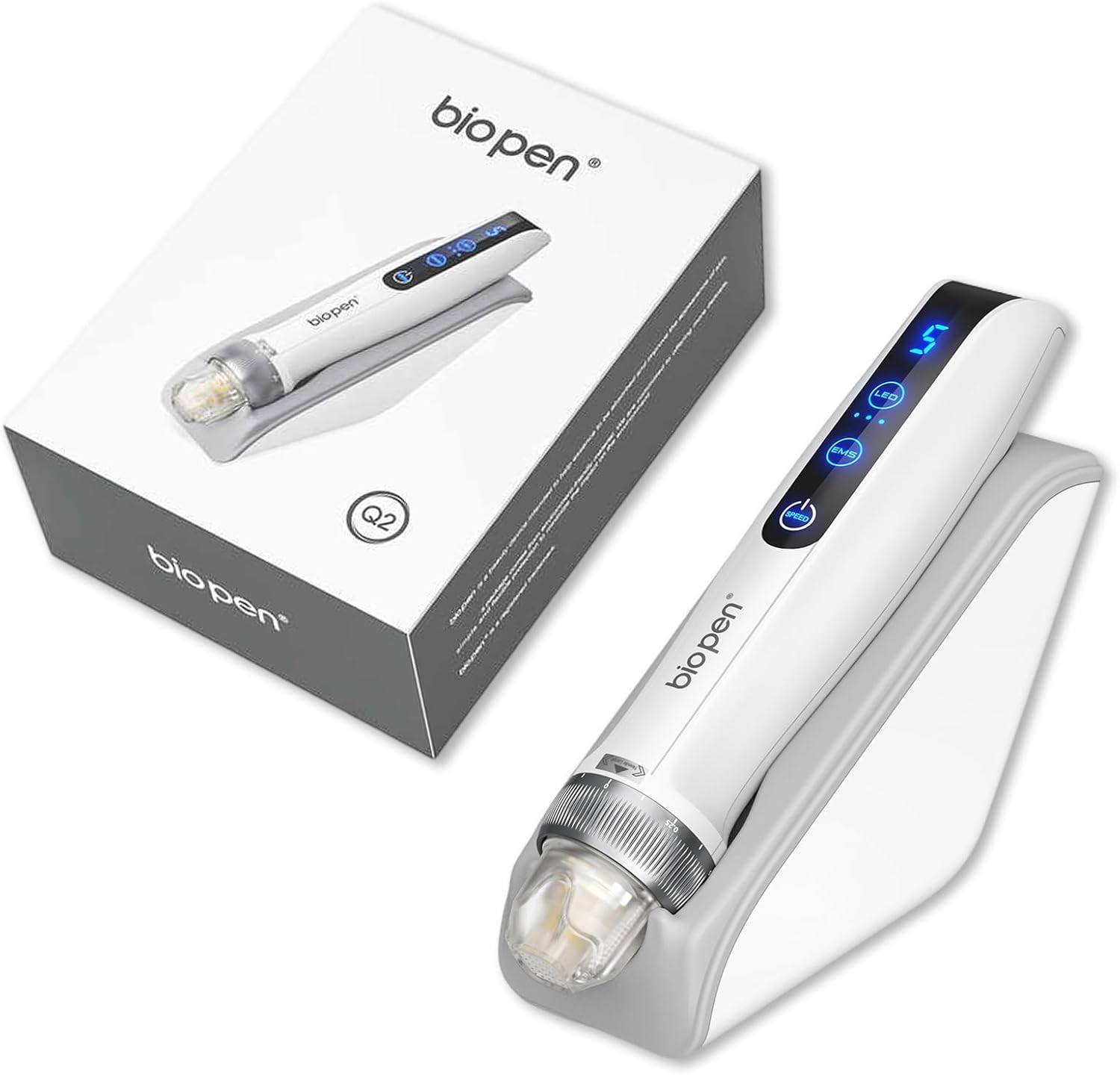 Professional Microneedling Bio Pen Q2 All in 1 Beauty Tool with Micro Needles EMS Electroporation LED Therapy Smart Wireless Electric Micro Needle Pen with Touch Screen Intelligent Sensor Base