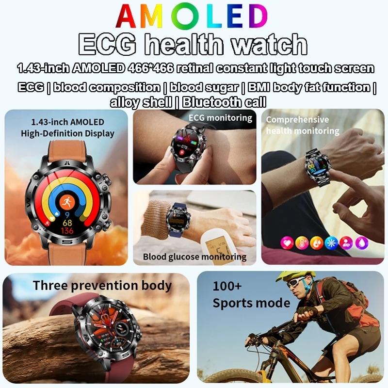 (Blue) Blood Lipids Uric Acid Blood Glucose Smart Watch For Men Bluetooth Call Health Smartwatch