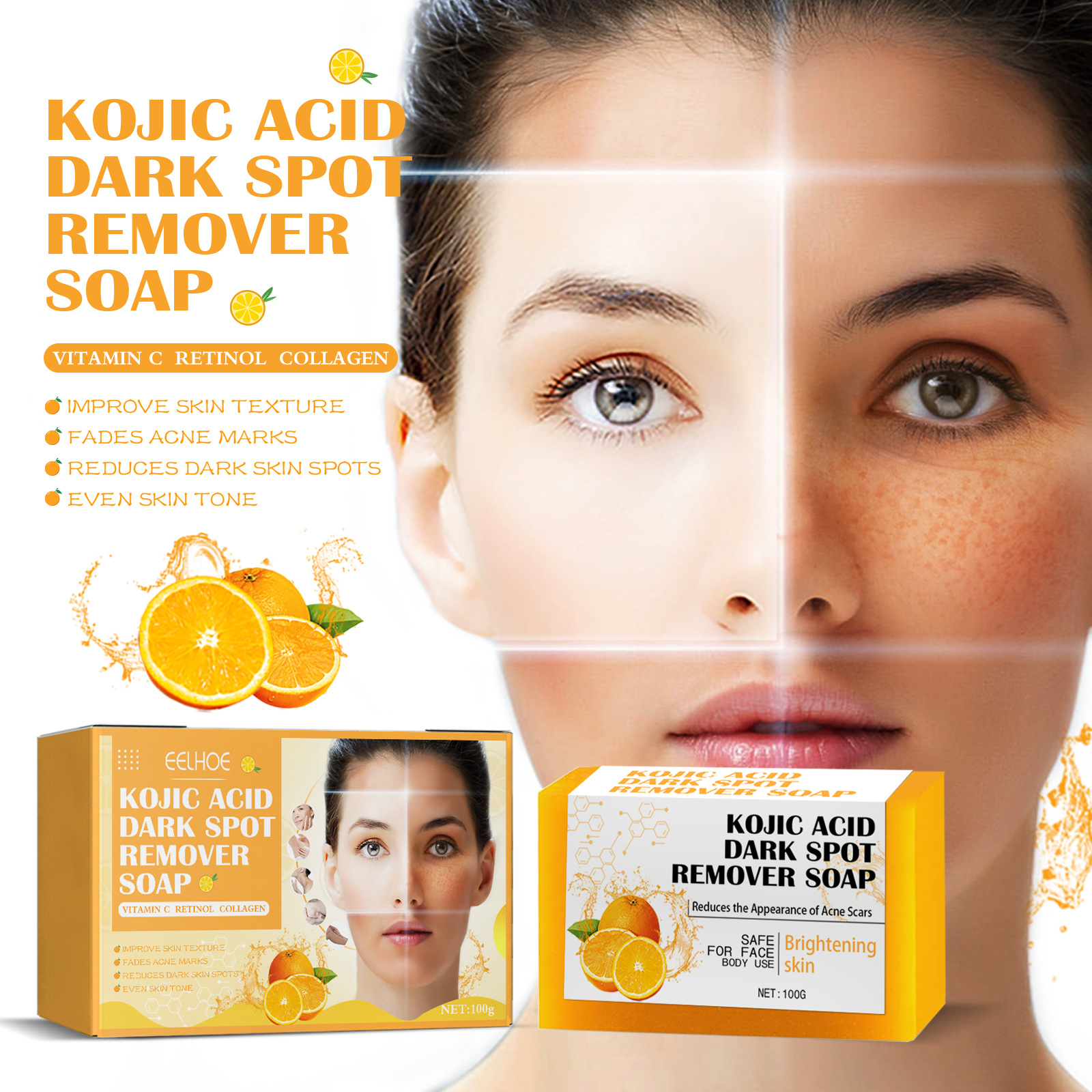 (1 PC) Kojic Acid Dark Spots Remover Soap Cleaning Even Skin Skin Brightener Oil Control Nourishing Hydration Skin Care Natural Turmeric Soap 100g