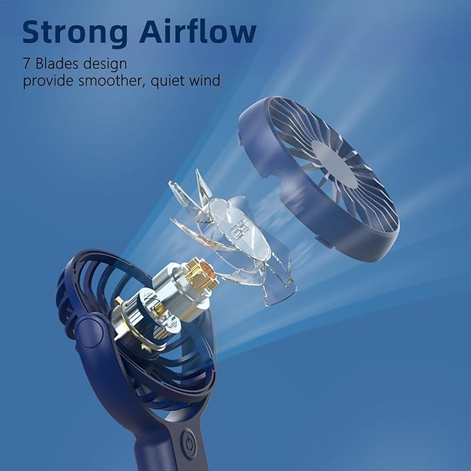 (Blue) Mini Portable Fan, Powerful Handheld fan, Sleek Design 5 Speed Personal Small Desk Fan with Folded Base, Lightweight Makeup USB Rechargeable Fans for Stylish Gi