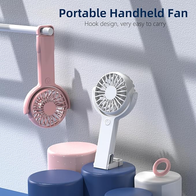 (White) Mini Portable Fan, Powerful Handheld fan, Sleek Design 5 Speed Personal Small Desk Fan with Folded Base, Lightweight Makeup USB Rechargeable Fans for Stylish Gi