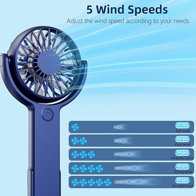 (Blue) Mini Portable Fan, Powerful Handheld fan, Sleek Design 5 Speed Personal Small Desk Fan with Folded Base, Lightweight Makeup USB Rechargeable Fans for Stylish Gi
