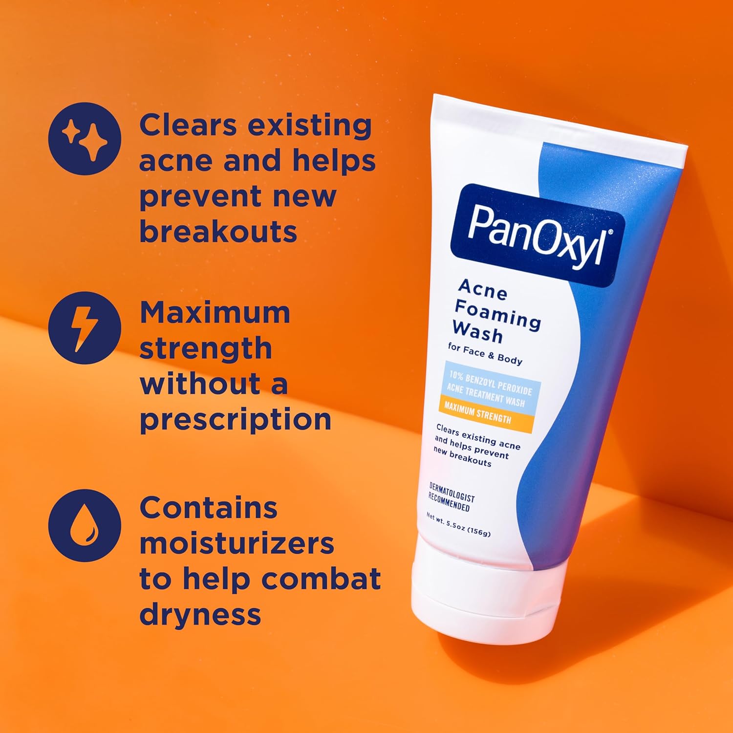 PanOxyl Acne Foaming Wash for Face and Body 10 Percent Benzoyl Peroxide Acne Treatment Wash Maximum Strength Daily Acne-Fighting Facial Cleanser 156g