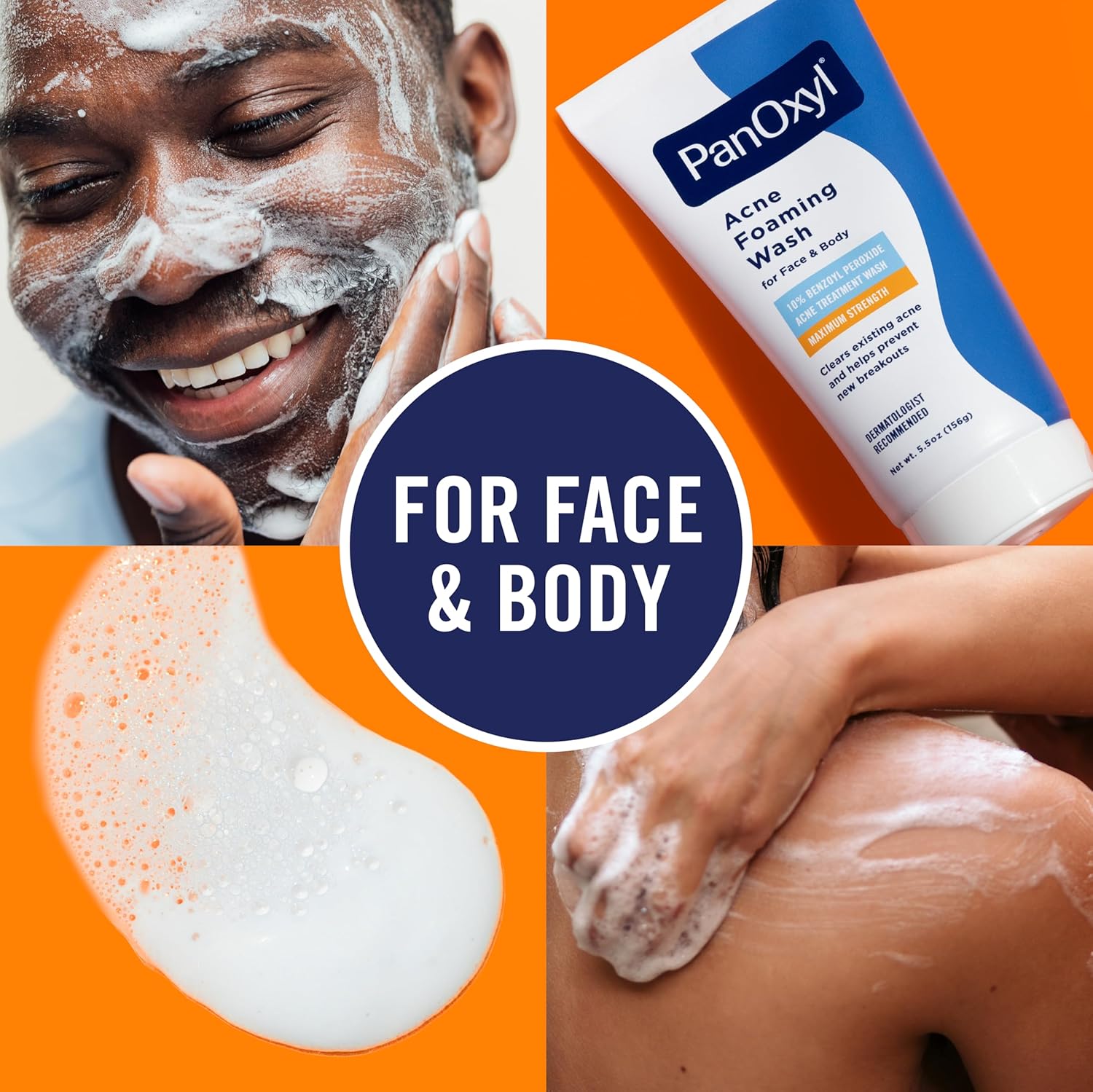 PanOxyl Acne Foaming Wash for Face and Body 10 Percent Benzoyl Peroxide Acne Treatment Wash Maximum Strength Daily Acne-Fighting Facial Cleanser 156g