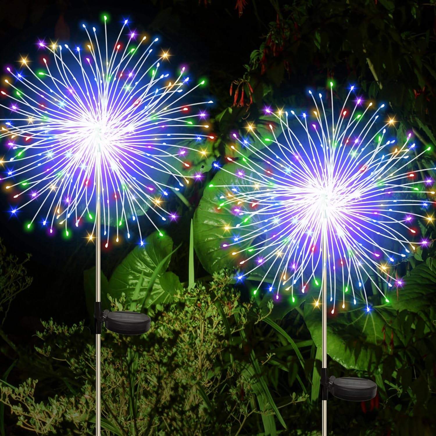 (Multicolor) Solar Lights Outdoor Garden 2 Pack 120 LED Firework Starburst Stake Lights Upgraded Waterproof Solar Garden Lights with 8 Modes Decorative Pathway Lighting