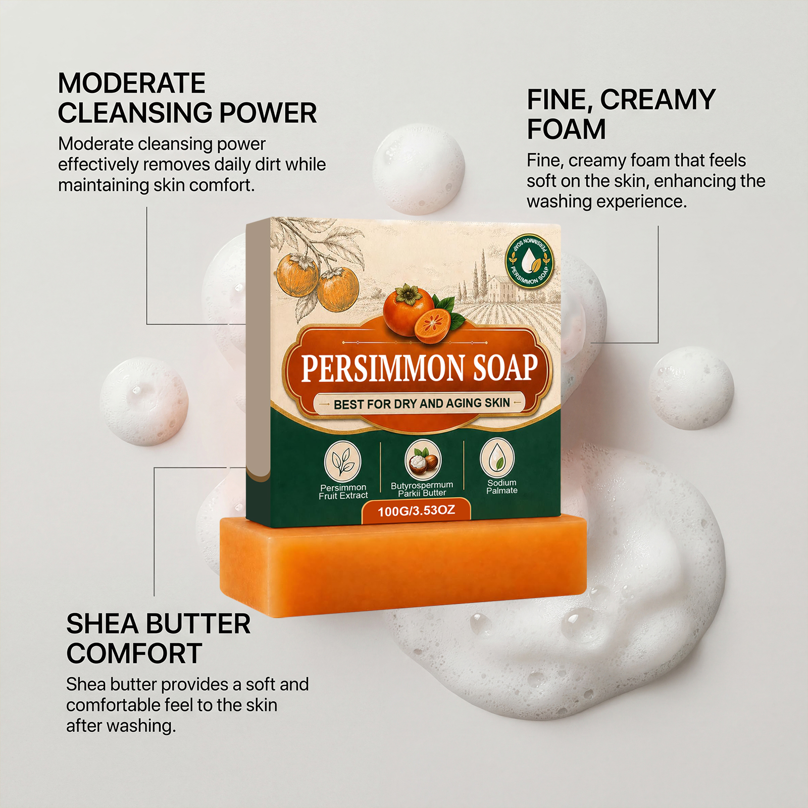 Persimmon Soap Handmade Mild Dense Foam Cleansing Long Lasting Fragrance Remove Odd Odor Full Body Bath Washing Skin Care Gentle Purify Complexion