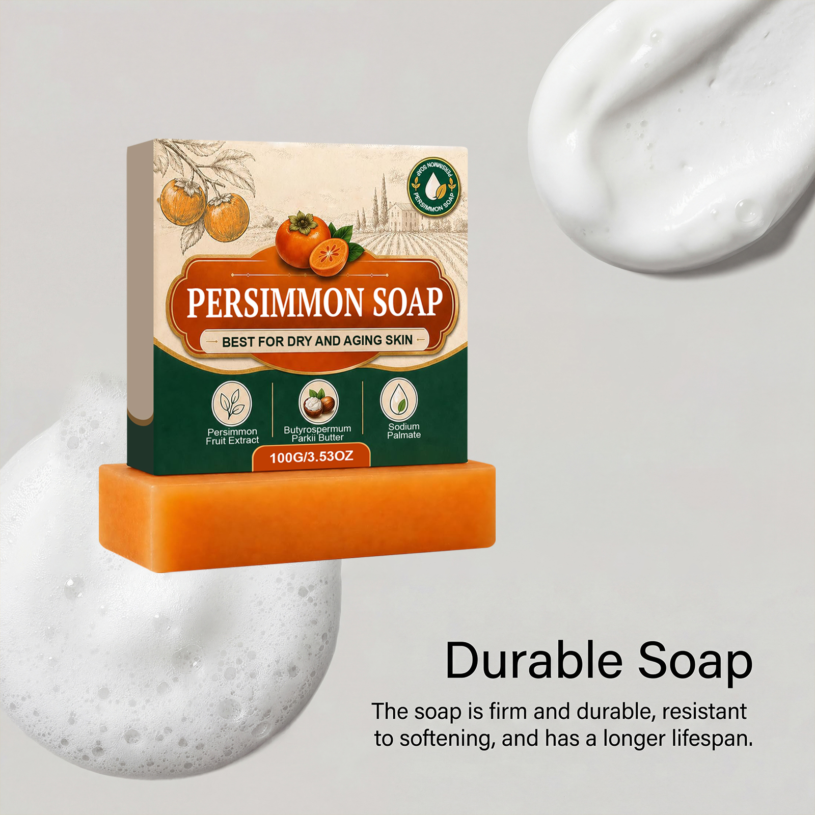 Persimmon Soap Handmade Mild Dense Foam Cleansing Long Lasting Fragrance Remove Odd Odor Full Body Bath Washing Skin Care Gentle Purify Complexion
