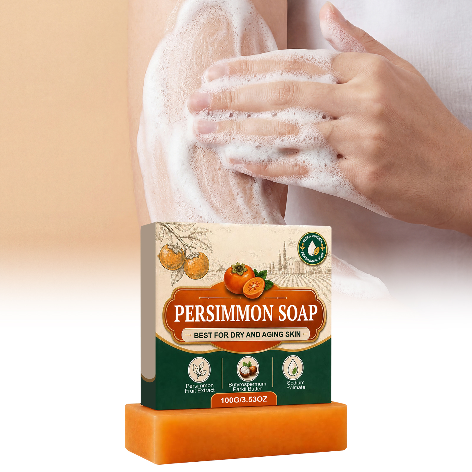 Persimmon Soap Handmade Mild Dense Foam Cleansing Long Lasting Fragrance Remove Odd Odor Full Body Bath Washing Skin Care Gentle Purify Complexion