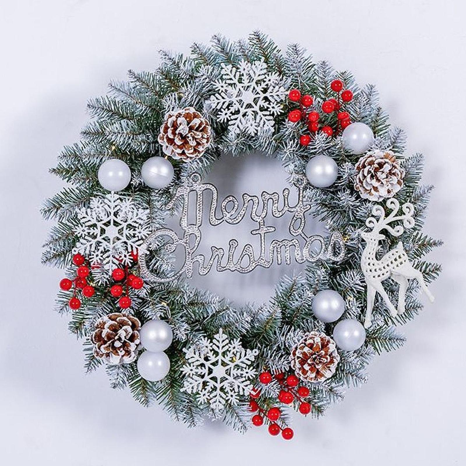35cm Christmas Wreath Winter Door Decoration Classic Holiday Garland for Front Door Indoor Outdoor Festive Home Decor White 