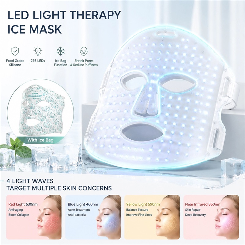 2 in 1 LED Face Mask 850nm Near-Infrared Red Light Facial Mask with Cooling Gel Pack for Skin Rejuvenation and Reduce Puffiness Womens Gifts