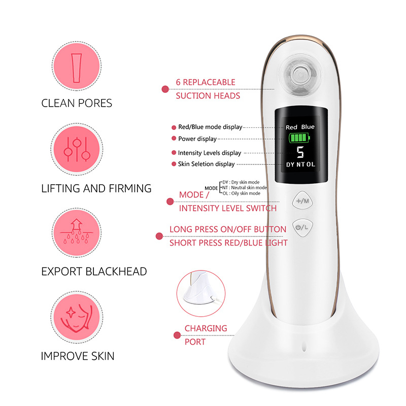(White) Electric Blackhead Remover Vacuum Acne Cleaning Tools Face Pore Cleaner Extractor Facial Skin Care 6 Suction Heads