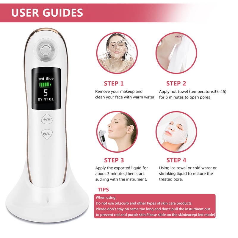 (White) Electric Blackhead Remover Vacuum Acne Cleaning Tools Face Pore Cleaner Extractor Facial Skin Care 6 Suction Heads