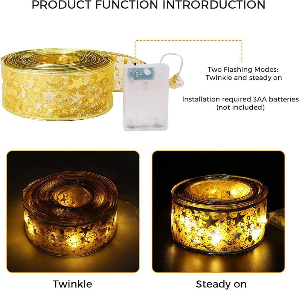 (Gold Ribbon Warm White 10M 100led) Christmas Fairy Lights Indoor Outdoor 33FT 100LED Christmas Decorations Battery Fairy Lights Ribbon String Lights Curtain Lights Christmas Tree Lights for Christmas Decorations Xmas Decor Warm White RGB