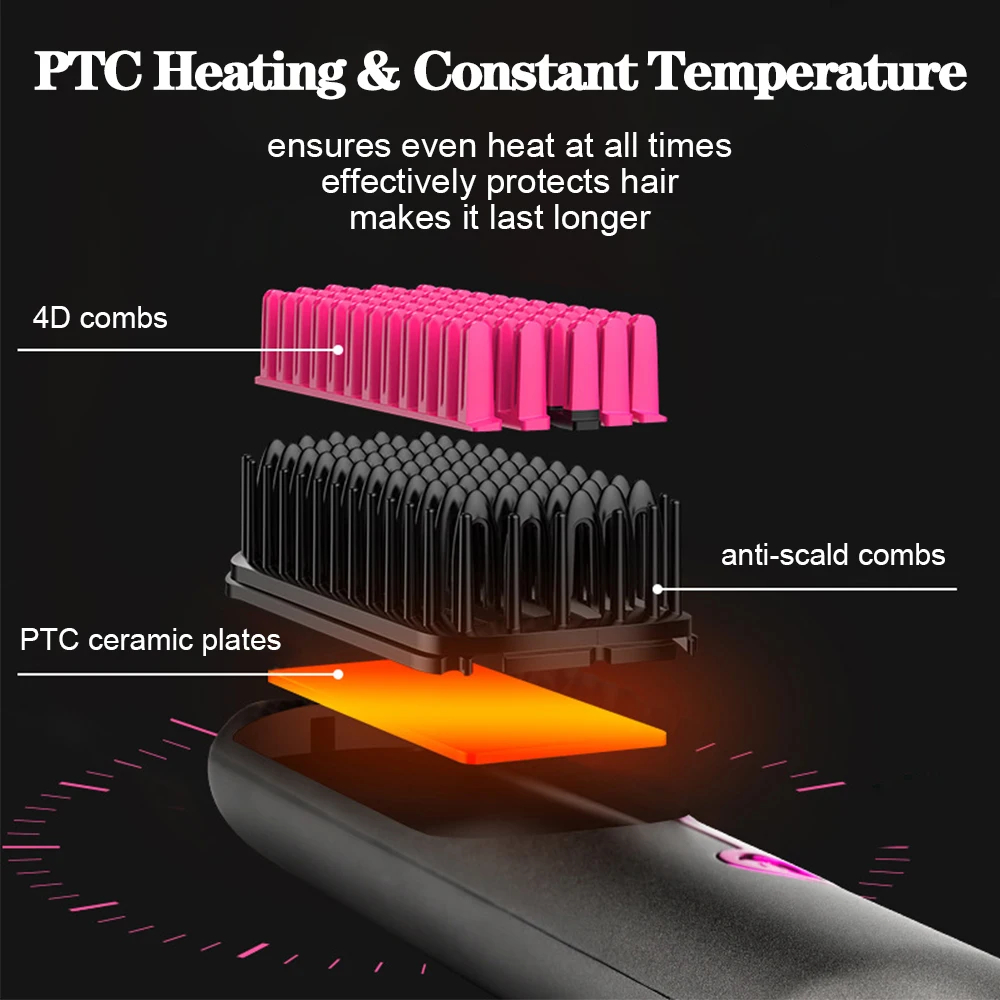 (Black) Hair Straightener Brush Wireless Hair Straightener Comb Mini Travel Electric Hair Comb for Women Portable Rechargeable 3 Temperature Modes Fast Heating